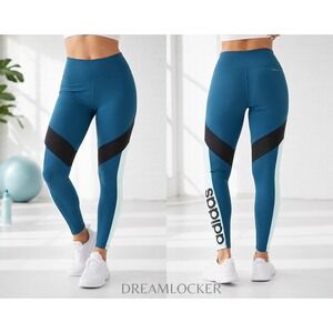 Adidas Leggings Pants Women XS Climalite Spellout Colorblock Teal Black